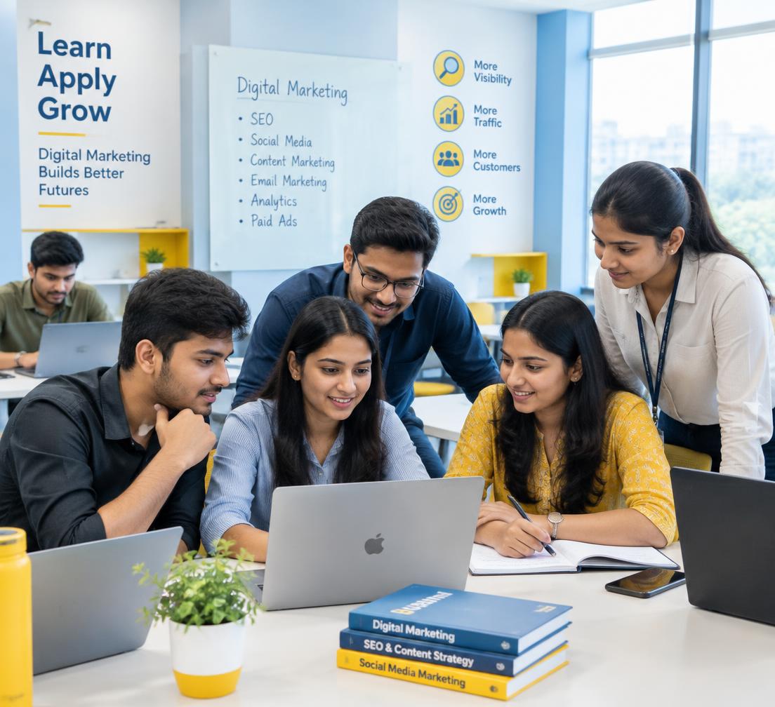 Students learning digital marketing together on laptops